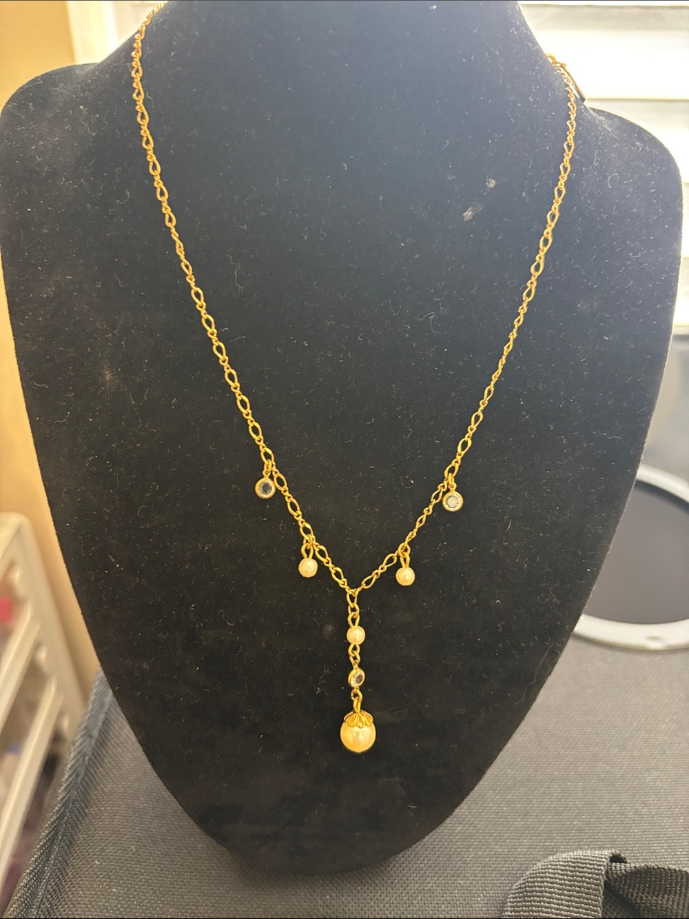 1928 Gold-Tone Y-Drop Pendant Necklace with Accent Beads